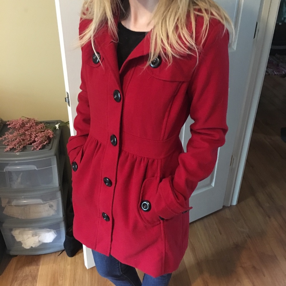 B Wear Red Pea Coat with Buttons